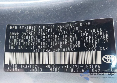 2021 Toyota Corolla Le из США, поврежденный, VIN 5YFEPMAEXMP187567